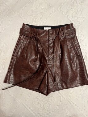 Paperbag Shorts Brown Faux Leather Croc-Embossed